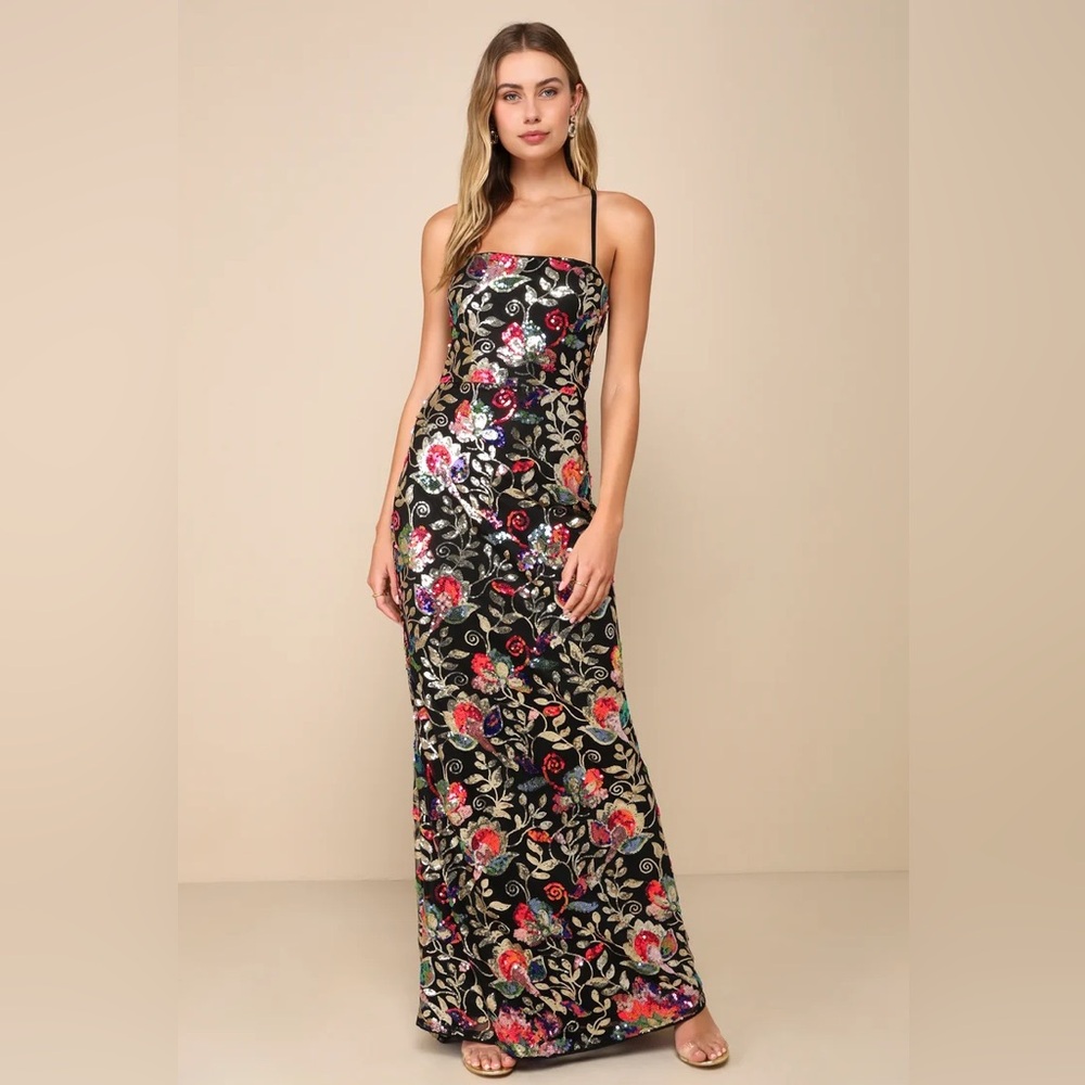 It's Glow Time Black Multi Sequin Lace-Up Mermaid Maxi Dress | Lulu’s
